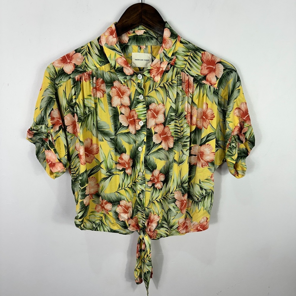 American Eagle Floral Top Womens Small Yellow Tropical Hibiscus Tie Front Boho